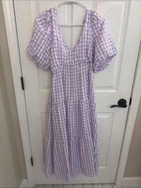 Lavender Gingham Puff-Sleeve Maxi Dress